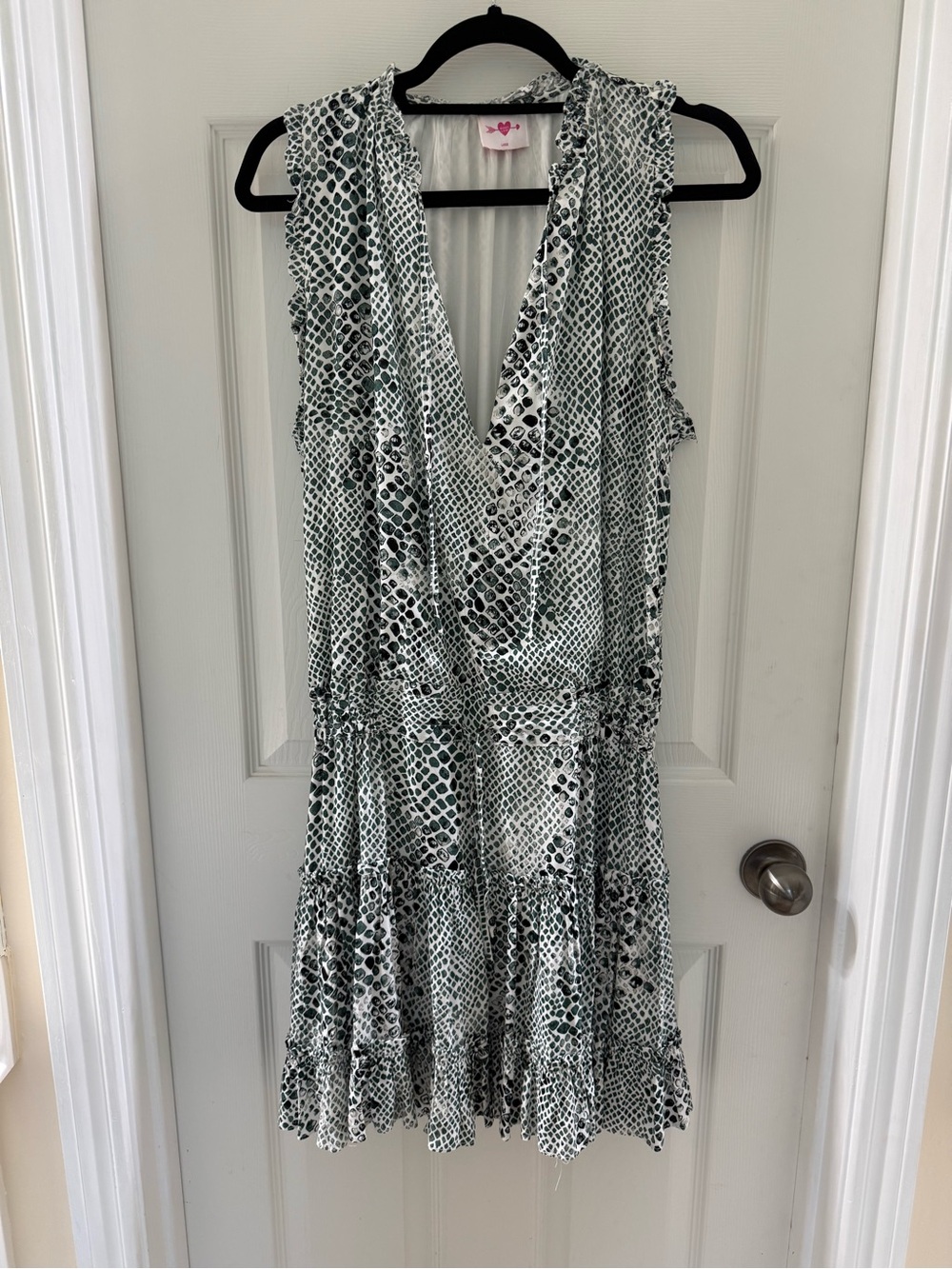 Buddy Love Sleeveless Green & White Snake Print V-Neck Dress